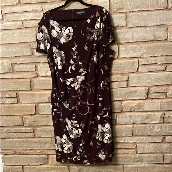 Ralph Lauren Floral Flutter Sleeve Ruched Jersey Dress Plum/ Grey Size 20W - Picture 3 of 11